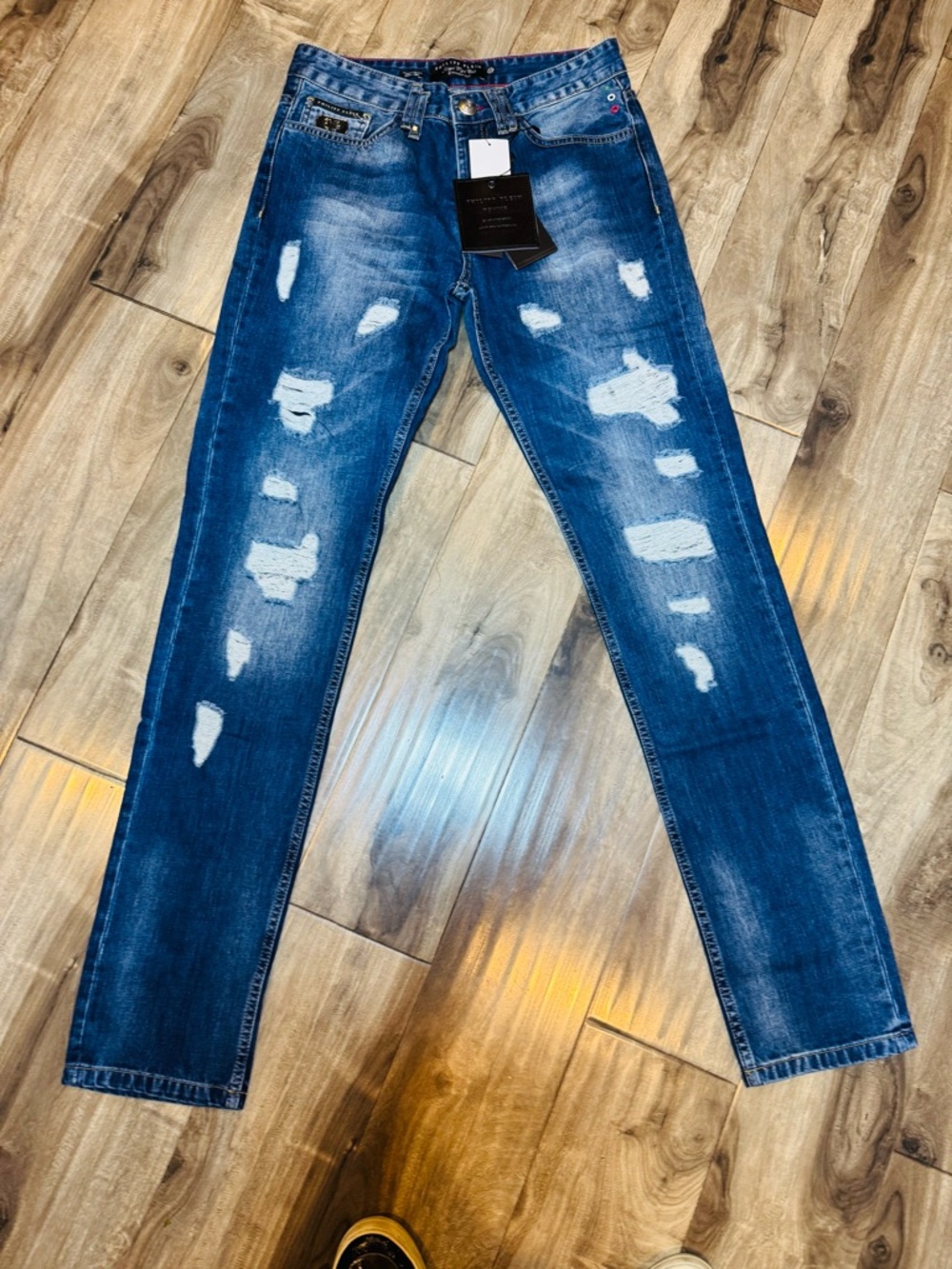 Philip Plain Men's Distressed Blue Denim Jeans - Slim Fit